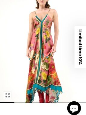 NWT ARATTA Coral Floral Maxi Slip Dress with Teal Trim and Tassel Detail